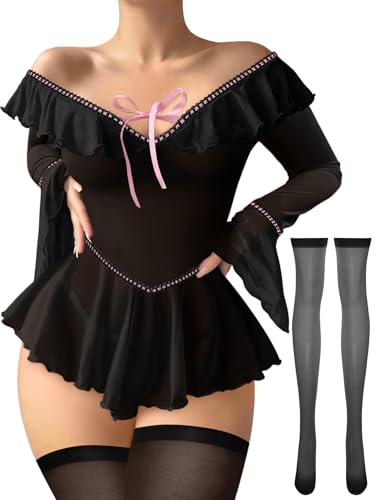 Image of Foxiny Sheer Ruffle Long Sleeve Babydoll Lingerie Dress | Off-shoulder neckline, flared cuffs and a flounce hem add movement; thong and thigh-high stockings complete the 3-piece set