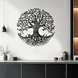 YiYa Lebensbaum Metall Wandkunst Rund Rustikale Hängeskulptur Wetterfest Einfach Aufzuhängen Wohndekoration für Wohnzimmer Schlafzimmer Terrasse und Garten (Schwarzer Baum)
