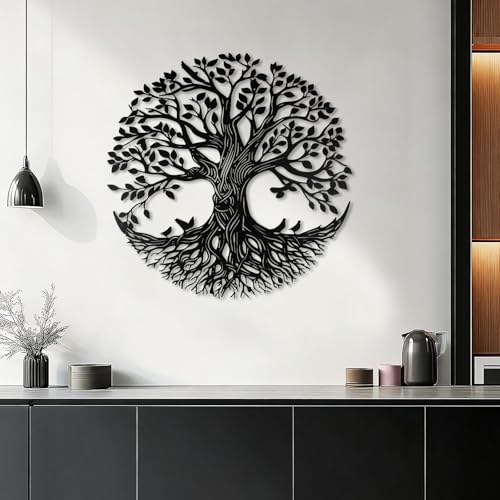 YiYa Lebensbaum Metall Wandkunst Rund Rustikale Hängeskulptur Wetterfest Einfach Aufzuhängen Wohndekoration für Wohnzimmer Schlafzimmer Terrasse und Garten (Schwarzer Baum)