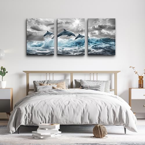 DZRWUBHS Black And White Wall Paintings Wall Art For Living Room Canvas Wall Decor For Bedroom Blue Sea Wave Dolphins Wall Pictures Office Decorations Posters Modern Home Decor Wall Artwork 3 Piece