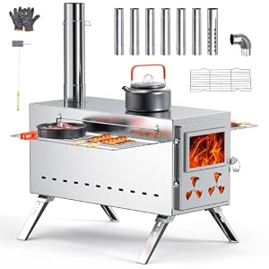 Wood Stove, Hot Tent Stove Camping Portable Stainless Steel Wood Burning Stove with 7 Chimney Pipes for Wall Tent Camping, Hunting, Heating, Cooking, Ice Fishing, Boiling Water – Large