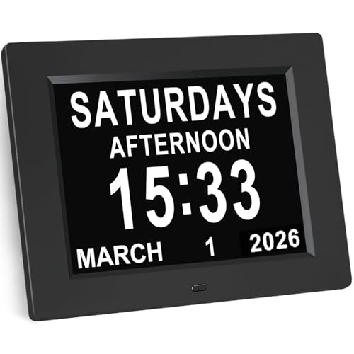 KASTISS 8 Inch Digital Calendar Alarm Day Clock, Large Digital Clock Easy-to-Read, Impaired Vision People, 12 Customizable Alarms, Dementia, Alzheimer’s, Elderly Care & Bedroom/Kitchen (Black)