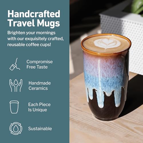 Image of NOVA CERAMICS Coffee Tumbler - Travel Mug - On the Go Coffee Mug - Microwave & Dishwasher Safe Green Coffee Tumbler - Gifts For Women Men Him Her - 16oz - Monsoon