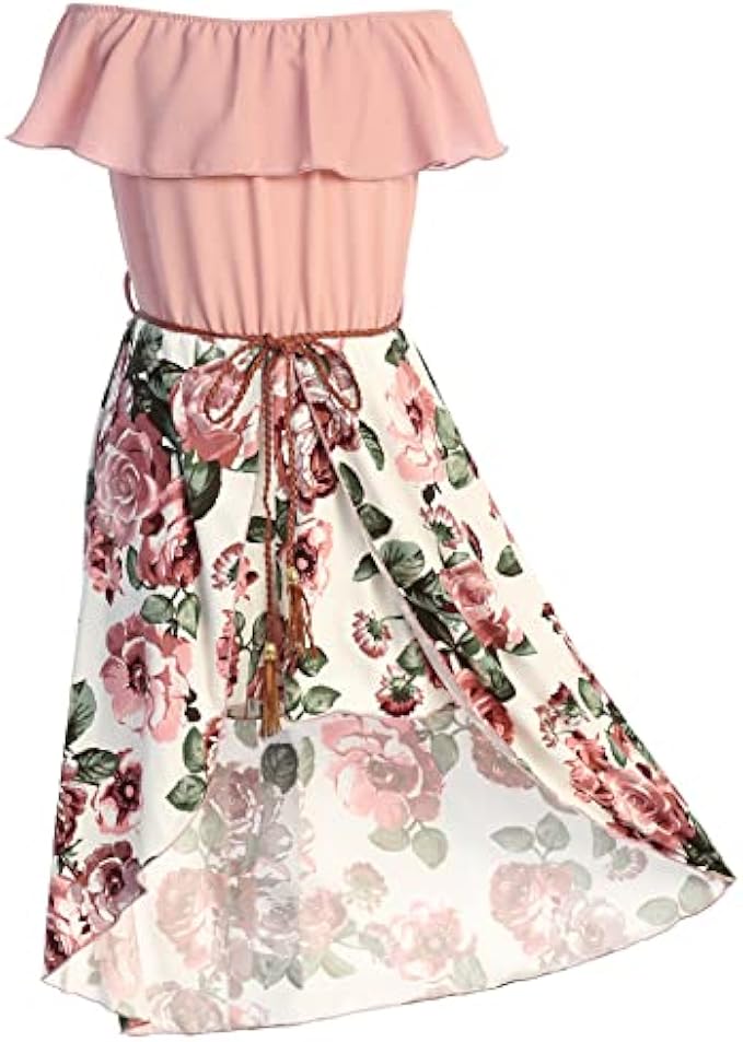 BluNight Collection Little Girls 2 Ways Ruffle Hi Lo Maxi Skirt Romper Belt Jumpsuit Romper USA 4-14