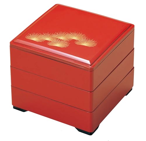 割烹漆器 お重箱 ?6寸重 朱 若松(内黒)3段 H-152-11A