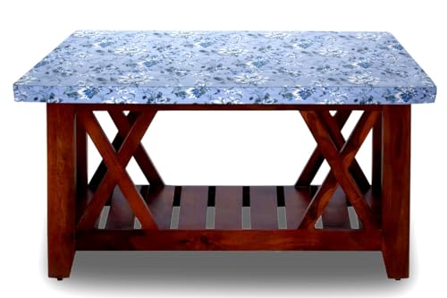 Image of The Furnishing Tree Elastic Cotton Rectangular Center Table Cover 14x24 in Inches Floral White Rose on Blue Base
