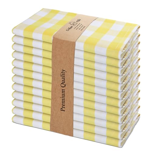 Urban Villa Easter Cloth Napkins 100% Cotton Dinner Napkins Highly Absorbent 20x20 Inches (Set of 12) Yellow White Buffalo Checks Reusable Washable Soft Durable Napkins Ideal for Home Wedding Parties
