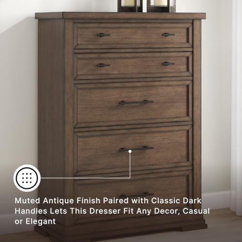 Image of Signature Design by Ashley Taffenbrook Farmhouse 5-Drawer Chest with Felt-Lined Top Drawer and Easy Glide for Bedroom, Dark Brown