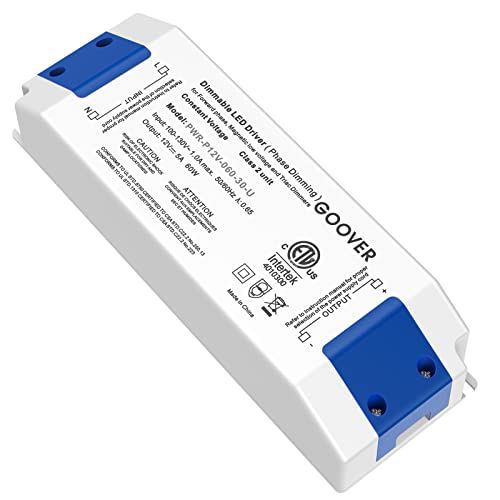 Image of GOOVER 60W Triac Dimmable Driver,Power Supply,AC 120V to DC 12V Transformer,Compatible with Lutron and Leviton Dimmers,for LED Lighting,Class 2,ETL Certified