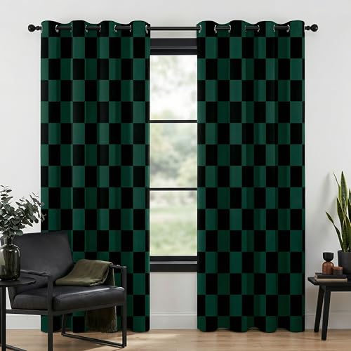 BOHOMOCASA 100% Blackout Curtains – Hunter Green and Black Checkered Design, 2 Panels, Each W52×L84, Thermal Insulated, Nosie Reducing for Bedroom, Living Room