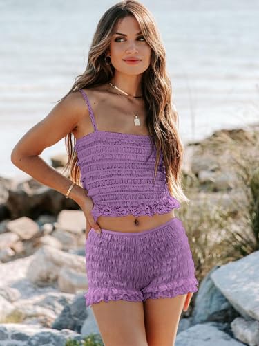 Image of LUXVEER Womens Summer Shorts Trendy Ruffle Lace High Waisted Smocked Beach Mini Shorts Y2K Micro Boyshorts Lolita Bloomers