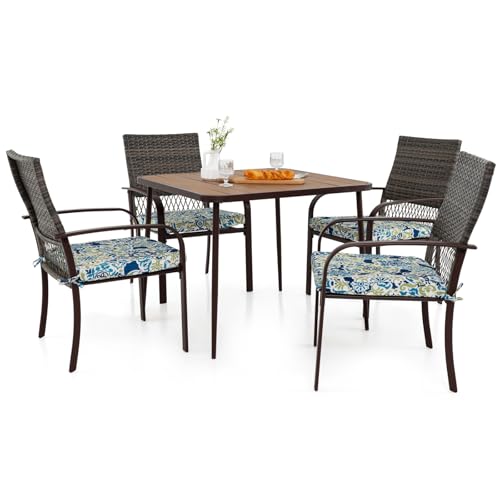COSTWAY Ensemble de Meubles de Patio 5 Pièces, Salon de Jardin 4 Fauteuils en Rotin avec Coussins et Table Carrée avec Trou pour Parasol, Ensemble de Repas...