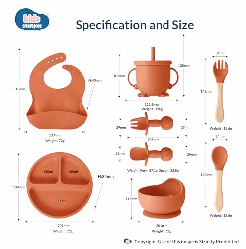 Image of Kids Station 8-Piece Silicone Baby Feeding Set | Suction Bowl, Plate, Bib, Cup, Spoon & Fork | 100% Food Grade BPA-Free Silicone | Non-Slip, Easy to Clean (Pack of 8, Orange)