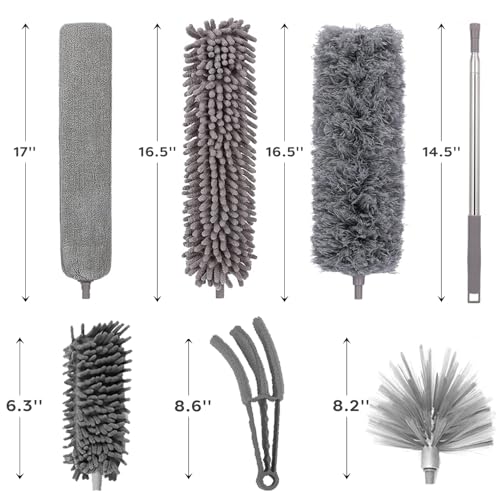 FumyFumy Staubwedel Teleskop Lang Ausziehbar, Staubwischer Waschbar Spinnwebenbesen mit Teleskopstiel, Spinnenwebenentferner Staubwedel mit Teleskopstange Ausziehbar auf 2.6m für Spinnenweben 7Pcs