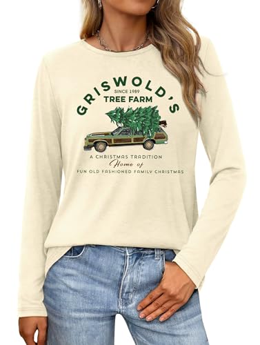 Women Christmas Shirts Long Sleeve Tree Farm T Shirt Vintage Christmas Graphic Tees Xmas Holiday Tops