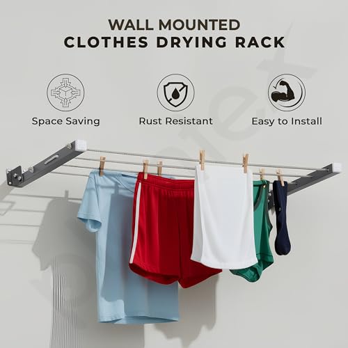 Image of Plantex GI Steel Foldable Wall Mount Cloth Drying Stand with 30 Ft Rope /Wall Hanging Clothes Dryer Rack for Indoor & Outdoor Use /Space-Saving Design for Laundry or Utility Room - Grey