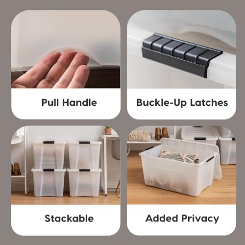 Image of IRIS USA 54 QT Plastic Storage Box with Lid and Latches - 4 Pack - BPA-Free, Discreet Organizing Solution, Durable Nestable Stackable Containers, Secure Pull Handle - Pearl