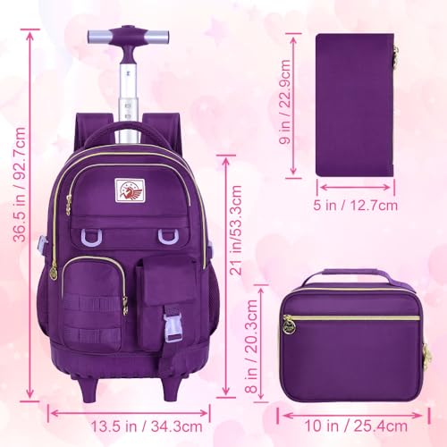CCJPX 3PCS Rolling Backpack for Girls, Women Roller Bookbag with Lunch Box for Adults, Water Resistant Wheeled School Bag for Teens Kids Travel - Dark Purple - Image 4