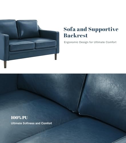Image of Kingfun 60 inch Faux Leather Sofa, Loveseat Couch, Mid Century Modern Love Seat Couches with Solid Wood Frame for Living Room Bedroom