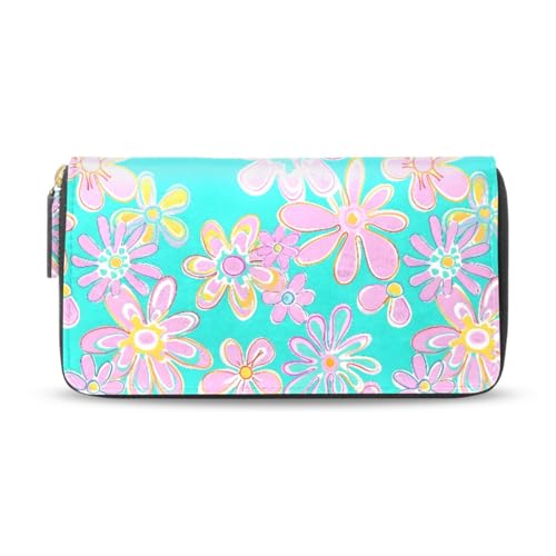 Long Wallets Leather Bifold Wallet for Women Hippie Flowers with Zipper Credit Card Holder Large Capacity