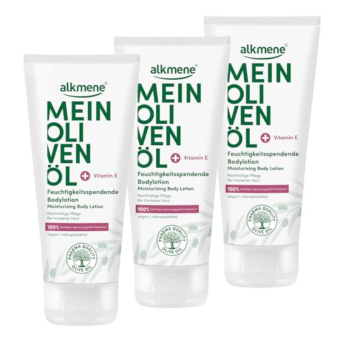alkmene 3x Bodylotion trockene Haut 200 ml - 100% bestätigen Spannungsgefühl Reduktion - Body Lotion Damen & Herren mit Olivenöl - Feuchtigkeitslotion vegan - Körperlotion für sehr trockene Haut