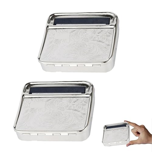 Caja para liar cigarrillos, 2 unidades, 70 mm, máquina para liar cigarrillos, rodillo para cigarrillos de acero inoxidable, máquina para liar cigarrillos con compartimento para tabaco, color plateado