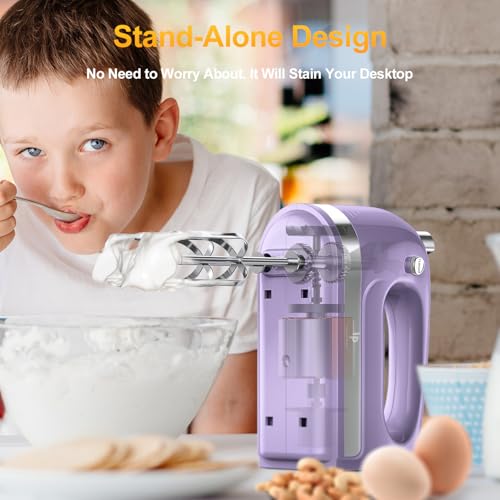 Hand Mixer Electric, 400W Food Mixer 5 Speed Handheld Mixer, 5 Stainless Steel Accessories, Storage Box, Kitchen Mixer with Cord for Cream, Cookies, Dishwasher Safe, Purple - Thumbnail 2