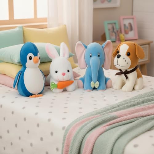 Image of Pack of 4 Elegant Soft Toys for Baby Boys /Girls Stuffed Animal Plush Toy Set - Penguin, Rabbit, Blue Elephant, New Dog