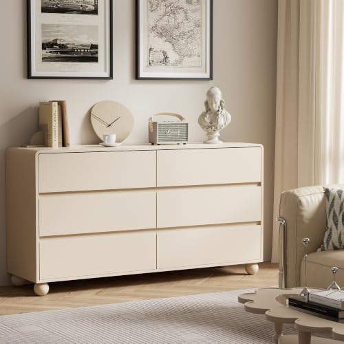 Image of Furniway Modern 6 Drawer Dresser for Bedroom, Beige Dresser with Curved Profile Design, Minimalist Wood Chest of Drawers for Bedroom, Living Room, Hallway Entryway