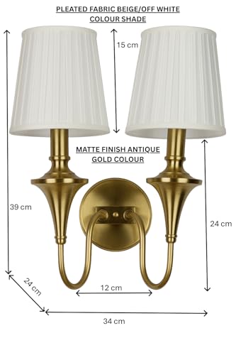 Image of Vintage Brass Double Arm Wall Lamp | Classic Fabric Platted Shade | Luxury Classic Sconce Light | Decorative Lighting Fixture for Living Room, Bedroom, Hallway