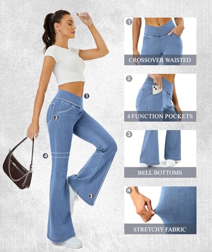 Bell Bottom Jeans for Women Trendy Crossover Stretchy Jeans Flare Leggings with Pockets Y2k Butt Lifting Jeggings Light Wash 5