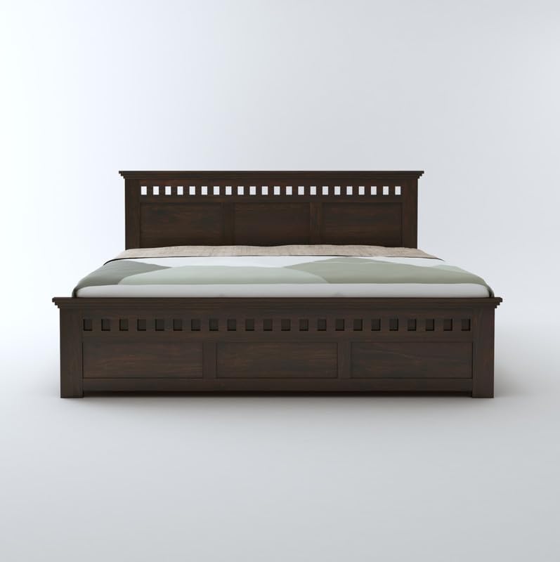Image of STRATA FURNITURE Sheesham Wood King Size Bed with Hydraulic Storage and Headboard for Living Room Bedroom Home | Wooden Double Bed Cot Palang Furniture (Walnut Finish)