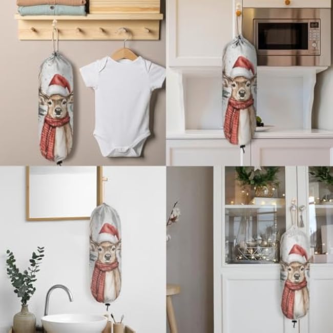 Merry Christmas Elk Plastic Bag Holder Deer Tree Grocery Bag Storage Dispenser Washable Hanging Shopping Bags Carrier Reusable Wall Mount Trash Bag Organizer for Kitchen Pantry