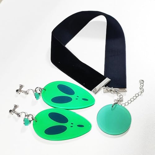 Momo Cosplay Ear Clip Green Alien Pattern Circular Earrings and Black Choker Costume Accessory Adult Unisex for Party Halloween Christmas3