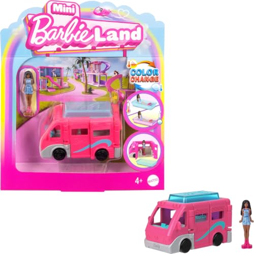 Mini BarbieLand bebek ve araç seti, 4 cm bebek, renk değiştiren havuz ve Rüya Karavanı, HYF39