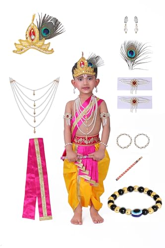 Image of Krishna Dress for Kids, Baby Krishna Dress for Janmashtami with Krishna Mukut, Peacock Feather & Flute Embroidered Krishna Costume for Girl & Boy, 3 Months-8 Years