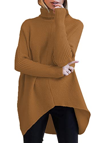 Caracilia Womens Turtleneck Long Sleeve Sweater Irregular Hem Casual Pullover Knit Tops