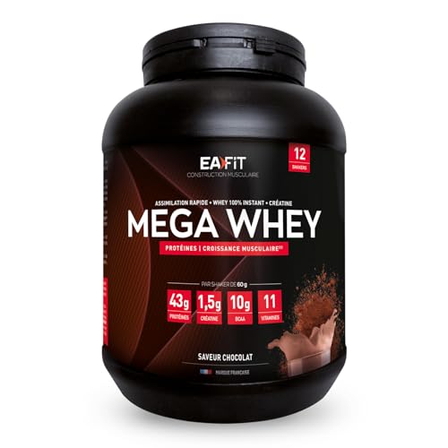 EAFIT- Mega Whey- construction musculaire pour la musculation- 43g de protéines de Whey+10g de BCAA+1,5g de créatine par shaker- Assimilation Rapide- Chocolat- 750g-...