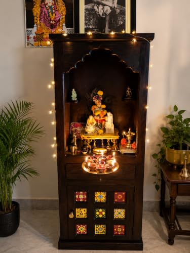Image of Solid Sheesham Wood Temple for Home & Office /Mandir /God Stand /Pooja Stand /Home Mandap /Mandapam with Cabinet Doors & Multiple Storage /Shelf with Drawers (Walnut TMT, 23x15x57 inch)