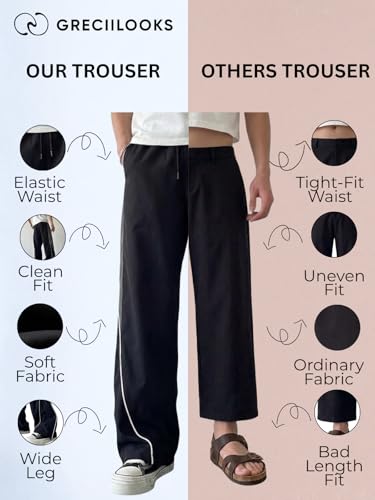 Image of GRECIILOOKS Track Pants for Men Baggy Wide Leg Korean Streetwear Trousers | Relaxed Fit Baggy Pants for Men with Drawstring Waist | Casual Oversized Lower for Travel, College & Everyday Wear