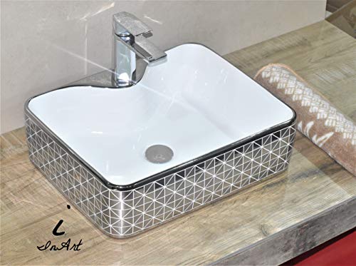Image of InArt Designer table top wash basin for bathroom / bathroom sink / cabinet wash basin / ceramic basin / counter top basin / vanity washbasin in Rectangle Shape Silver White 19 x 15 x 5 Inch