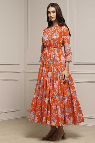 Image of Biba Women's Cotton 3 /4 Sleeves Calf Length Band Collar A-Line Floral Printed Casual Dress