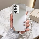 BEENTRYS Cover Specchio per Samsung Galaxy A14,Trasparente Glitter Bracciale Polso Perle Donna Ragazza Fotocamera Strass Sottile TPU Antiurto Protettiva Custodia-Argento