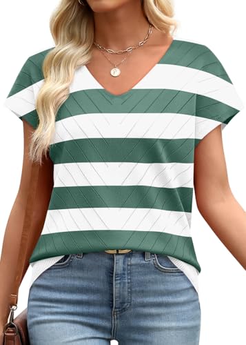 Image of WIHOLL Short Sleeve Sweater for Women V Neck Trendy Summer Tops 2026 Beach Vacation Clothes Travel Business Casual Outfits