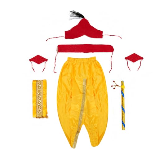 Image of Shri Krishna Costume Set - Ethnic Wear with Golden Jari Angavastram & Dhoti, Traditional Dress Set of 7 for Boys & Girls - Ideal for Janmashtami, Fancy Dress, and Festivals