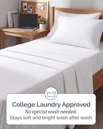 Image of Twin XL 4 Piece Sheet Set - College Dorm Room Essentials - Striped White