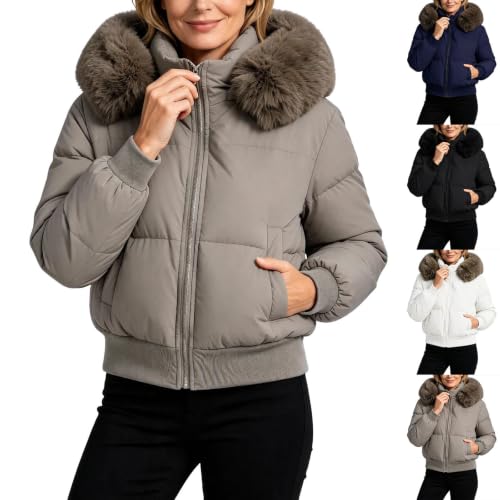Cropped Puffer Jackets for Women Winter Warm Down Coats with Faux Fur Hood - image 1