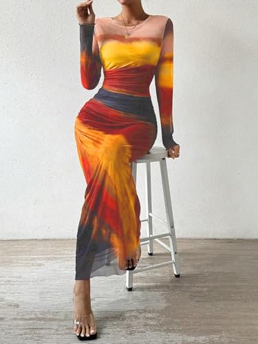 MOEENCN Women Sheer Mesh Maxi Dress Long Sleeve Bodycon Birthday Outfits Ruched Tie Dye Cocktail Club Party Dresses3
