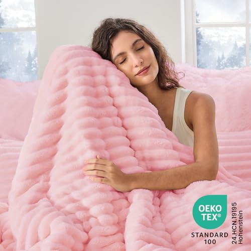 Image of Sasttie King Comforter Set 3 Pieces - Super Soft Fleece Comforters King Size, 1 Luxury Warm Fuzzy Marshmallow Comforter with 2 Pillow Cases, Faux Fur Down Alternative Bedding Set, Pink