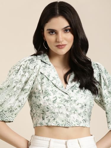 Image of SHOWOFFFF Women Printed Shirt Style Casual Top | Spread Collar 3 /4th Sleeves Crepe Top's for Womens | Regular Fit Crop Tops for Women's